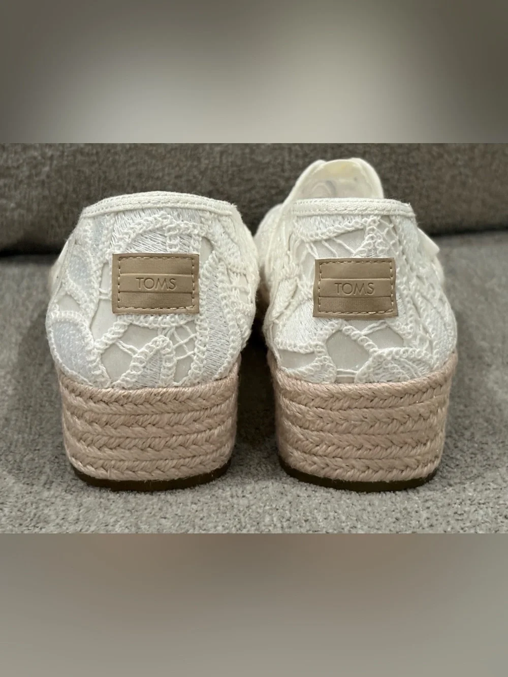 Toms White Lace Espadrille Platform Slip-Ons White Floral Crochet